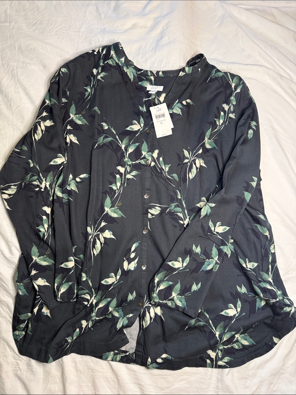 J. Jill Black Button-Front Top with Green and Cream Botanical Print